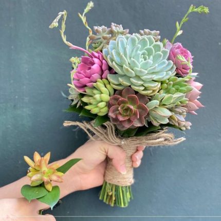 Bó Hoa Cưới Sen Đá Echeveria Xanh Bạc Hồng Tím – Định Mệnh Gặp Gỡ