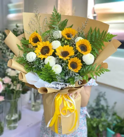 Bó Hoa Hướng Dương Ping Trắng Rực Rỡ Sắc Trắng Tinh Khôi Tỏa Nắng