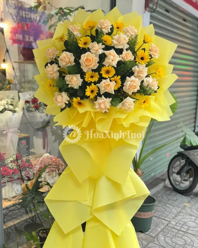 Kệ Hoa Đắc Lợi – Rực Rỡ Hồng Cam Đồng Tiền Vàng May Mắn