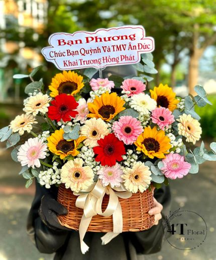 Giỏ Hoa Đồng Tiền Phối Hướng Dương – Sắc Vàng Tươi Tắn Phong Cách Năng Động
