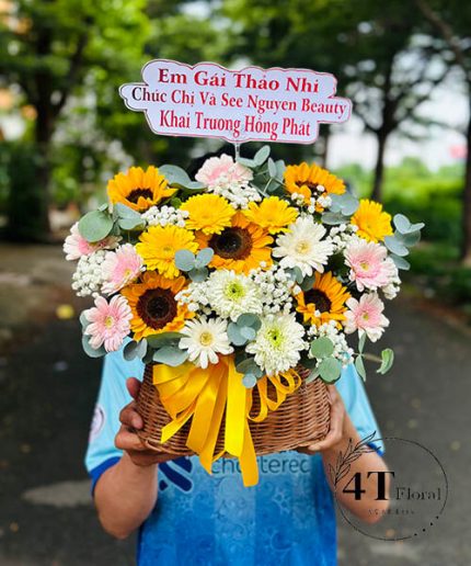 Giỏ Hoa Hướng Dương Mix Đồng Tiền – Rực Rỡ Khai Trương