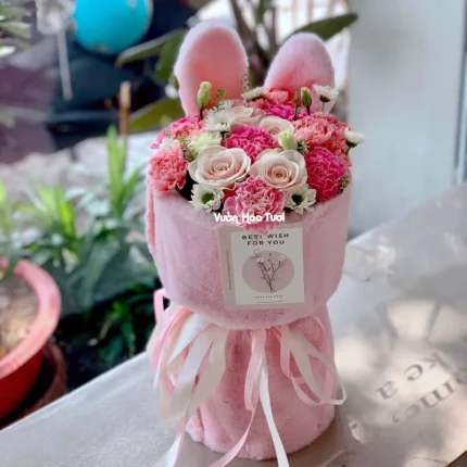 Bó Hoa Sinh Nhật Thỏ Hồng Đáng Yêu Rực Rỡ Món Quà Ngọt Ngào Cho Ngày Sinh Nhật