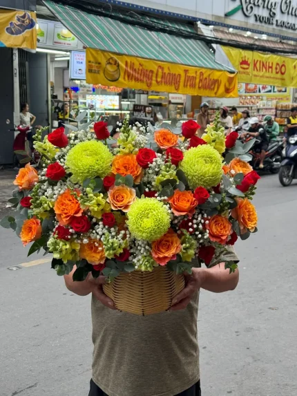 Giỏ Hoa Hồng Cúc Mẫu Đơn Brand Opening – Rực Rỡ Khai Trương, Sắc Đỏ Cam Xanh Tươi Mới
