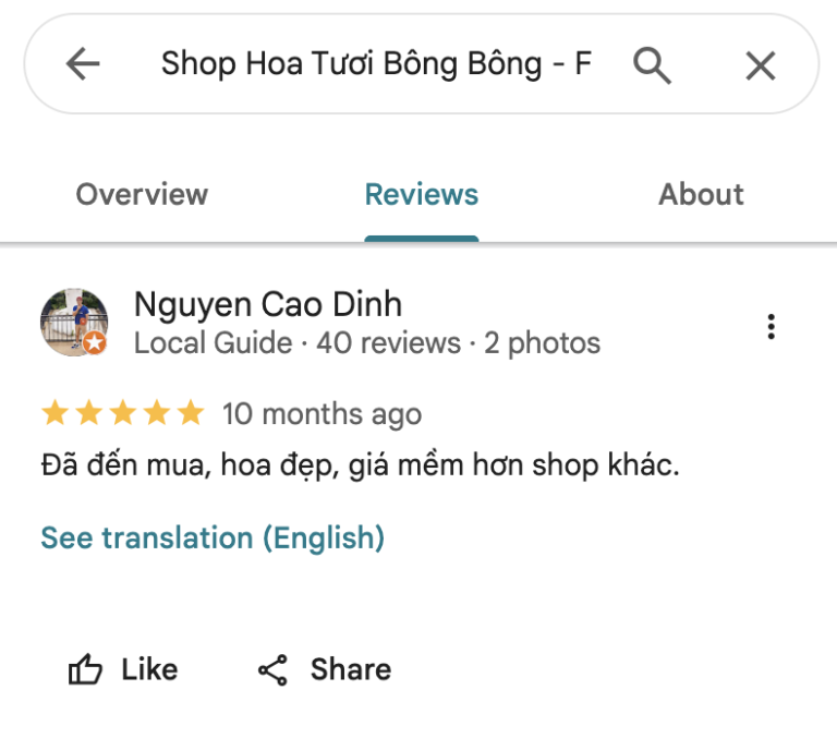 Đánh giá 5 sao - Shop Hoa Google Maps